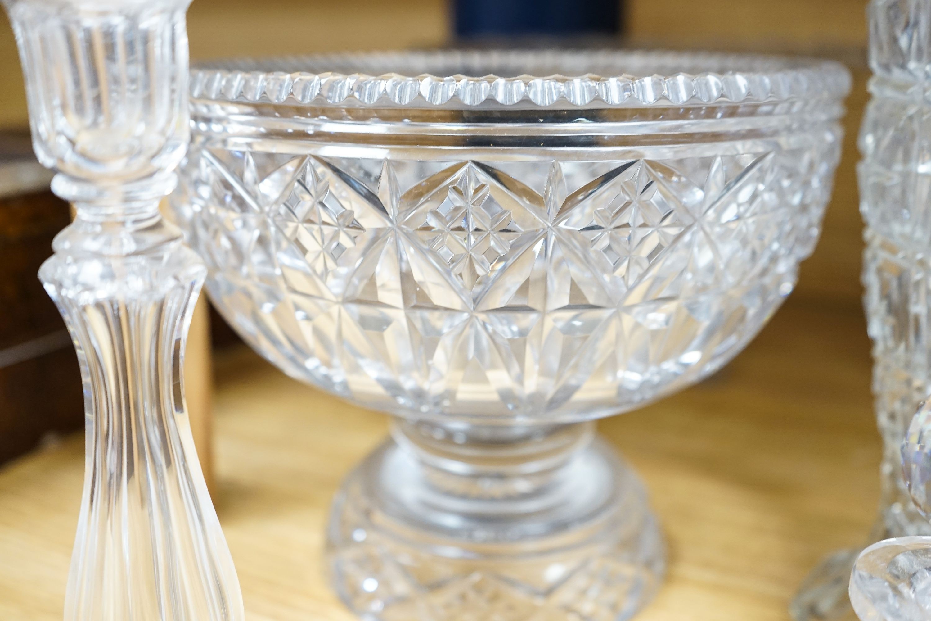 A cut crystal circular pedestal bowl, 30cm diameter another similar bowl and sundry glassware